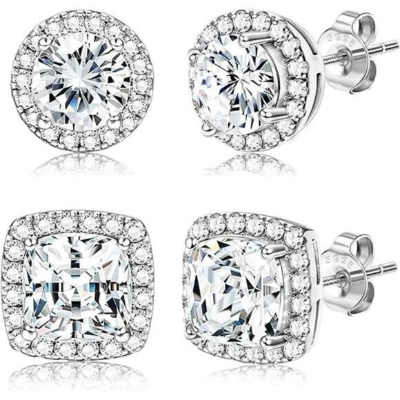 18K Gold Plated Stud Earrings Set Round Square CZ Sterling Silver Hypoallergenic - Picture 7 of 7